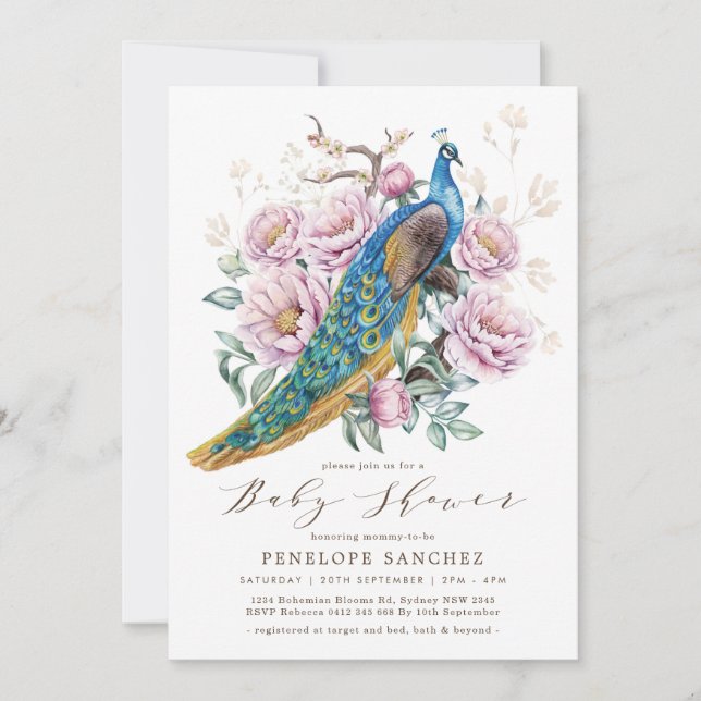 Invitation Peacock rose floral Chinoiserie Baby shower fille (Devant)