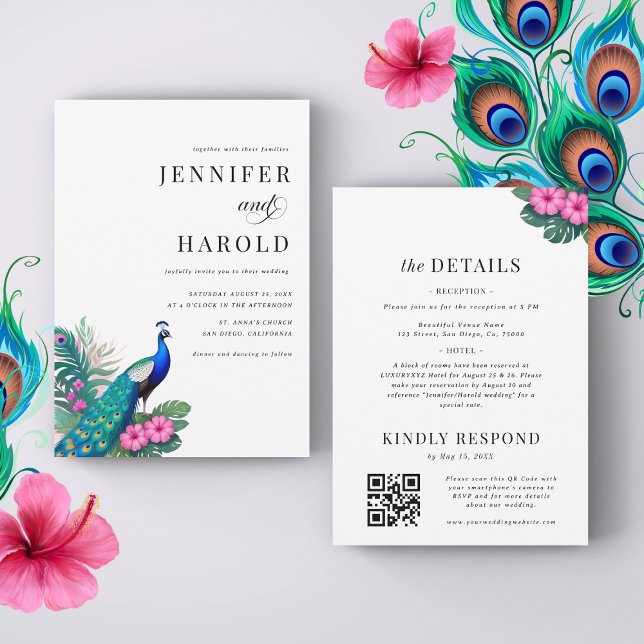 Invitation Peacock Tropical Floral QR Code tout en un Mariage (Créateur téléchargé)