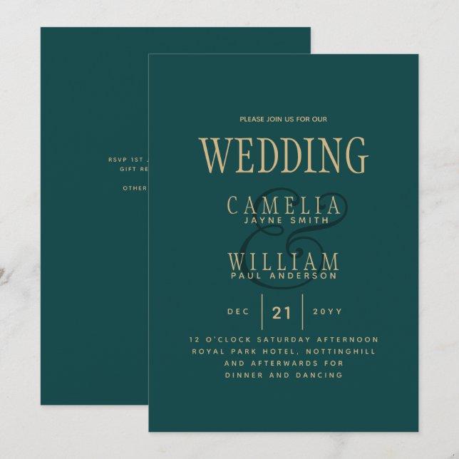 Invitation Peacock TURQUOISE Vert Or Monochrome Mariage Invit (Devant / Derrière)