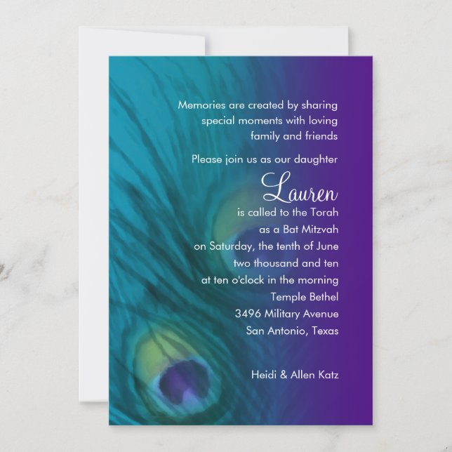 Invitation Peacock Turquoise violet bat mitzvah (Devant)