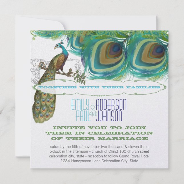 Invitation Peacock Vintage 4 Plumes avec Peacock (Devant)