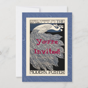 Invitation Peacock Vintage Bleu Art Nouveau