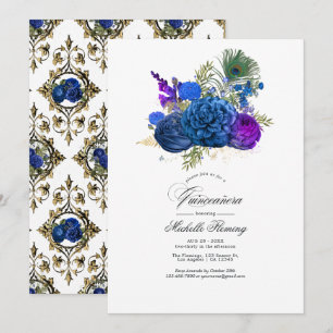 Invitation Peacock Vintage bleu et or Quinceañera Floral