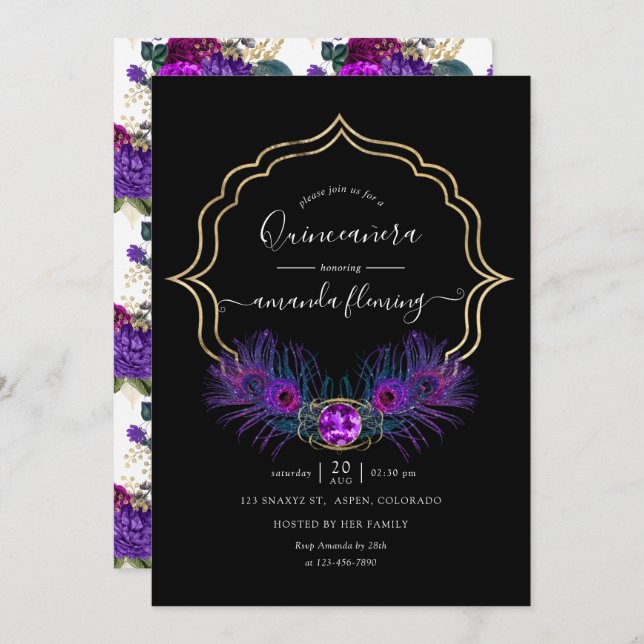 Invitation Peacock Vintage violet et or Quinceañera (Devant / Derrière)