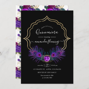 Invitation Peacock Vintage violet et or Quinceañera
