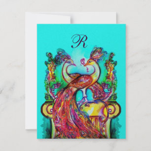 Invitation PEACOCKS EN AMOUR MONOGRAM Rouge Turquoise Bleu Ve