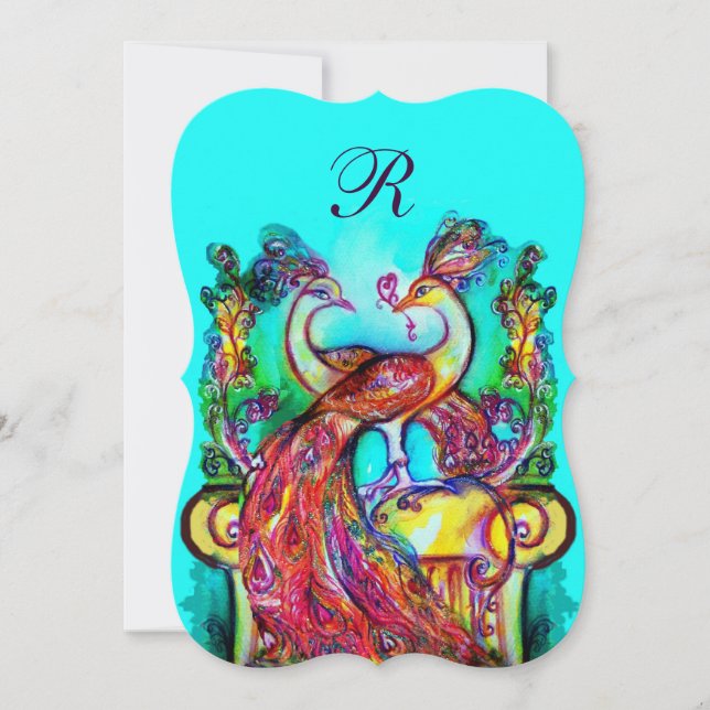 Invitation PEACOCKS EN AMOUR MONOGRAM Rouge Turquoise Bleu Ve (Devant)