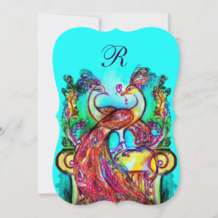 Invitation PEACOCKS EN AMOUR MONOGRAM Rouge Turquoise Bleu Ve