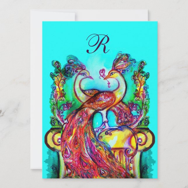 Invitation PEACOCKS IN LOVE MONOGRAM rouge bleu turquase vert (Devant)