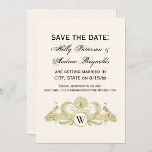 Invitation Peacocks vintages Monogram Faux Gold Ivory BG