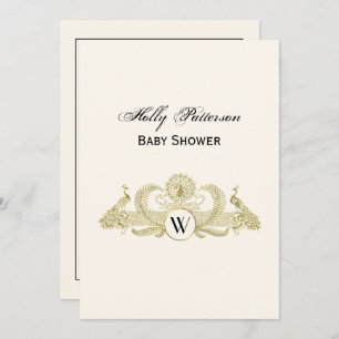 Invitation Peacocks vintages Monogram Faux Gold Ivory BG