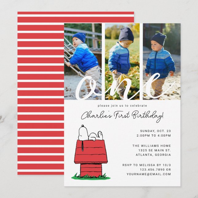 Invitation Peanuts Snoopy Dog House 1er anniversaire (Devant / Derrière)