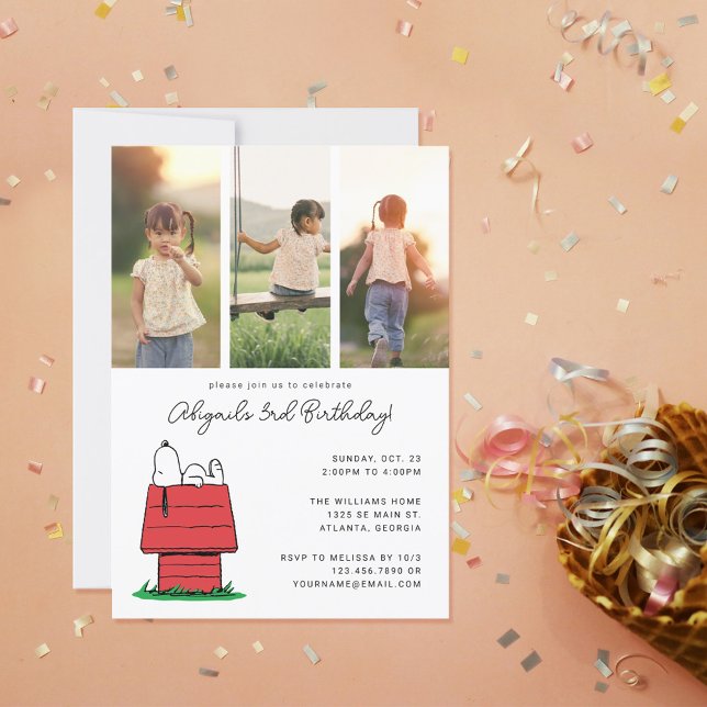 Invitation Peanuts Snoopy Dog House Anniversaire Photo (Invitation on table)