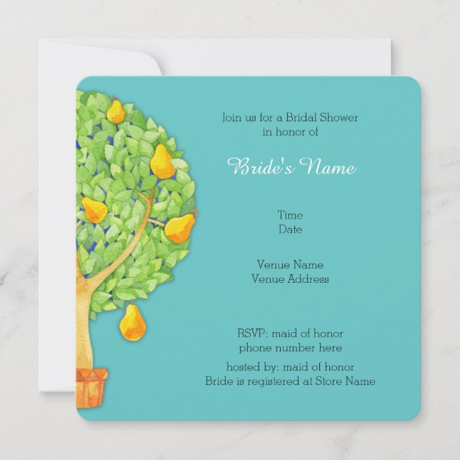 Invitation Pear Tree turquoise Carré nuptiale douche Invitati (Devant)