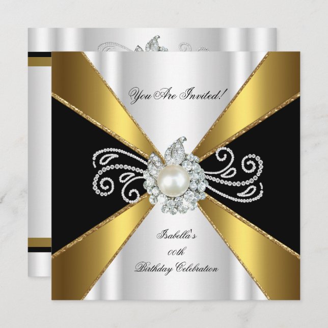 Invitation Pearl Black Gold White Diamond Anniversaire (Devant / Derrière)
