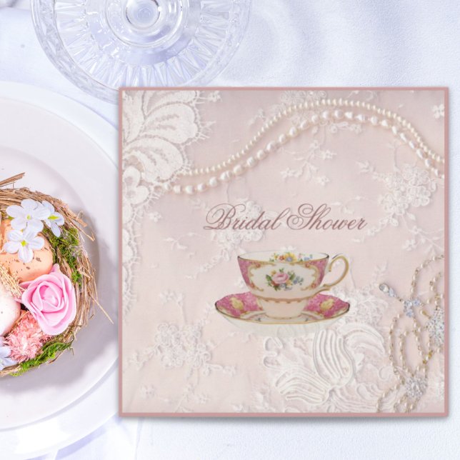 Invitation Pearl Blush dentelle rose podal Tea Party Invitati (Pearl Blush pink lace bridal Tea Party Invitation)