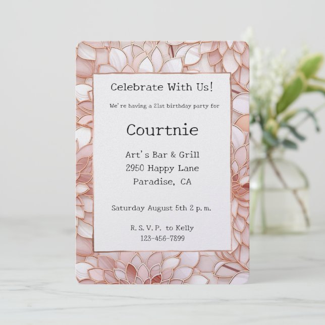Invitation Pearl Blush Rose Floral Anniversaire (Debout devant)