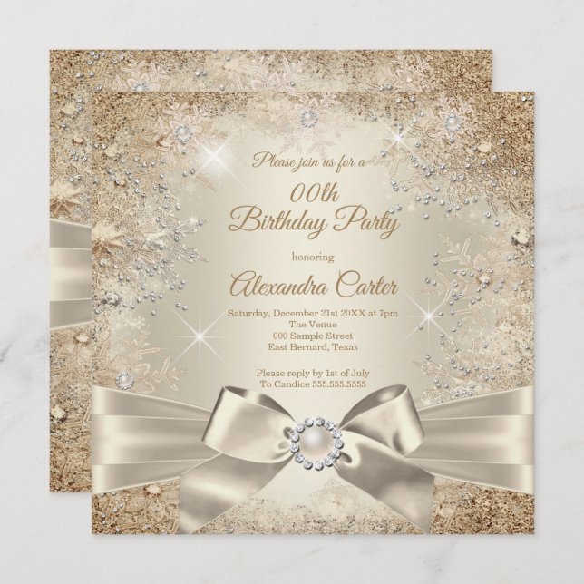 Invitation Pearl Bow Beige Cream Gold Snowflake Party (Devant / Derrière)