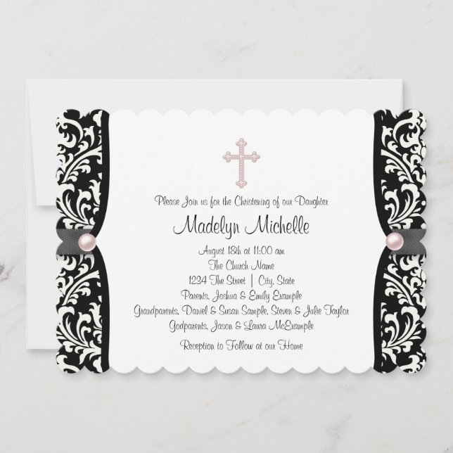 Invitation Pearl Cross rose noir Damask Christening (Devant)