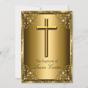 Invitation Pearl Damask & Cross Baptism/Christening Gold