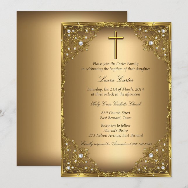 Invitation Pearl Damask Cross Gold Baptême/Christening (Devant / Derrière)