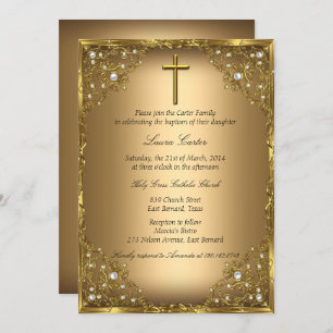 Invitation Pearl Damask Cross Gold Baptême/Christening