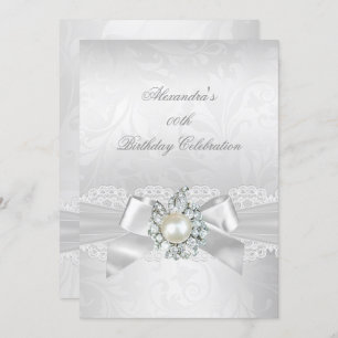 Invitation Pearl Diamond dentelle blanche Bow Damask Silver P