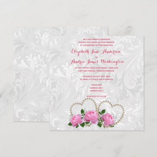 Invitation Pearl Hearts & Roses Damask Wedding (Devant / Derrière)