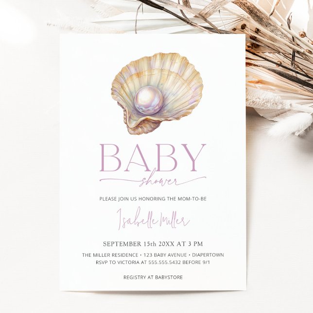 Invitation Pearl Oyster Sea Ocean Beach Girl Baby shower (Pearl Oyster Sea Ocean Beach Girl Baby Shower Invitation)