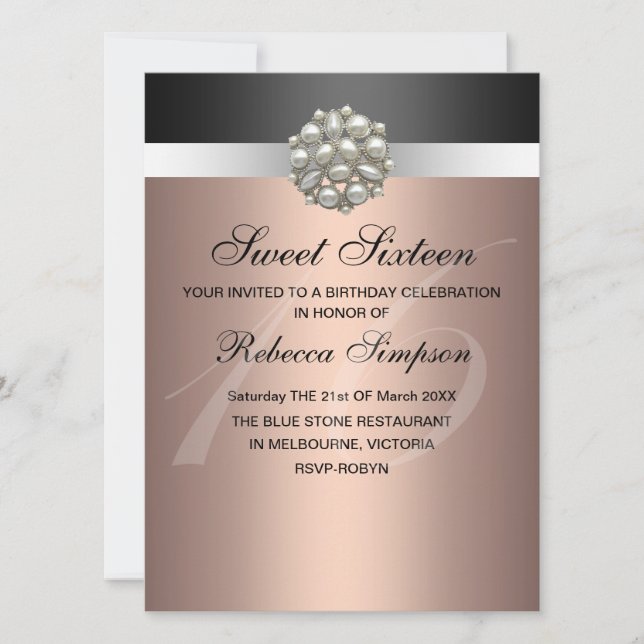 Invitation Pearl Rose & Black Sweet 16 Anniversaire Invitatio (Devant)