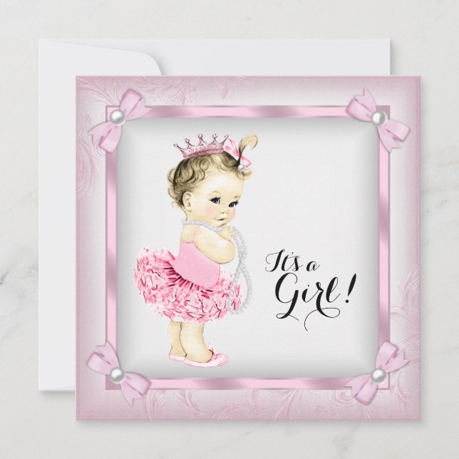 Invitation Pearl rose et blanc Baby shower Tutu (Devant)
