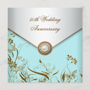 Invitation Pearl Turquoise de fleurs d'or 50e anniversaire Ma