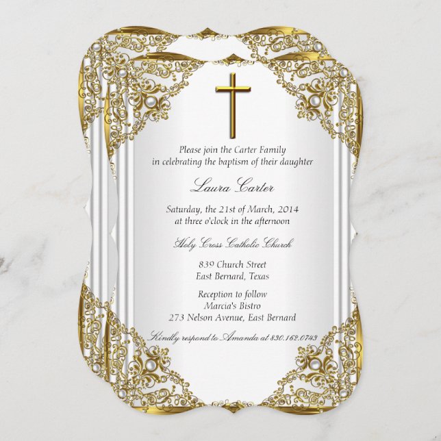 Invitation Pearle d'or blanc Damask Cross Baptism Christening (Devant / Derrière)