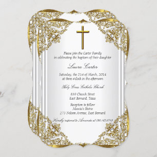 Invitation Pearle d'or blanc Damask Cross Baptism Christening