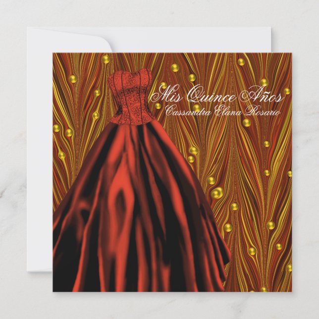 Invitation Pearles d'or Robe rouge Quinceanera d'or rouge (Devant)