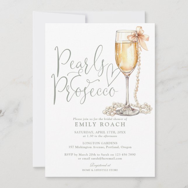 Invitation Pearles et Prosecco QR Code Fête des mariées verte (Devant)