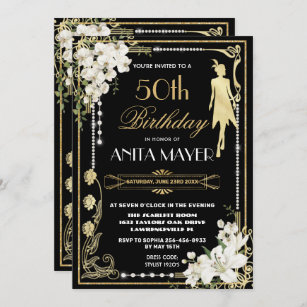 Invitation Pearles Floral Art Déco Gatsby Anniversaire N'IMPO