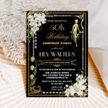 Invitation Pearles Floral Art Déco Gatsby Anniversaire TOUT Â<br><div class="desc">Personnalisez cette vintage invitation d'anniversaire à thème Art déco floral Great Gatsby rugissant des années 20, appuyez simplement sur le bouton customiser pour réorganiser et formater le style et le placement du texte. Avec son cadre art déco chic, son orchidée blanche ivoire et son fleurs de lys, ses perles pétillantes...</div>