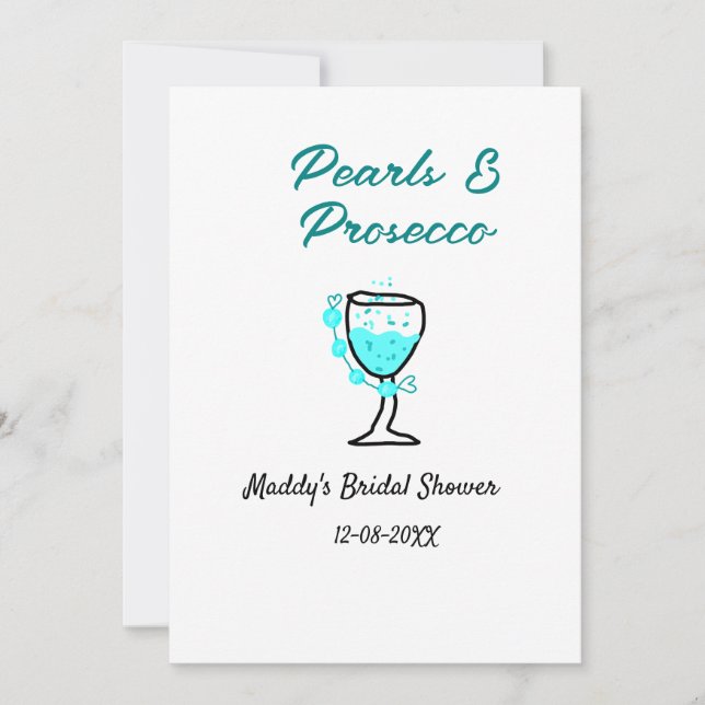Invitation Pearls and prosecco bridal shower blue black name  (Devant)