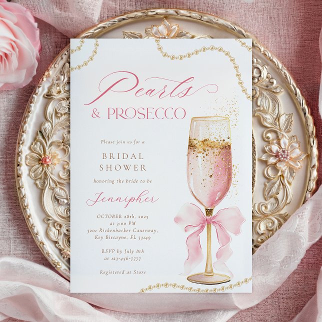 Invitation Pearls and Prosecco Pink Bow Bridal Shower  (Créateur téléchargé)