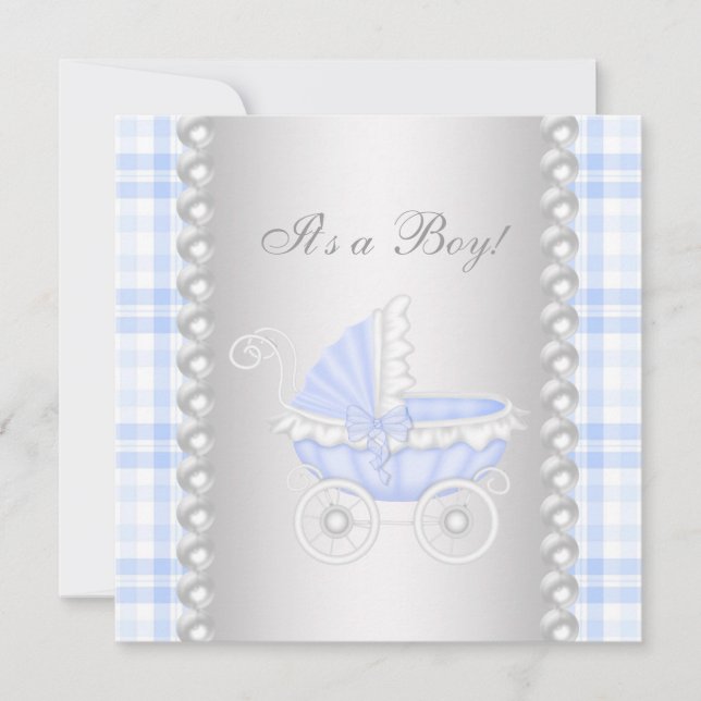 Invitation Pearls Blue En vichy Carriage Baby Boy Douche (Devant)