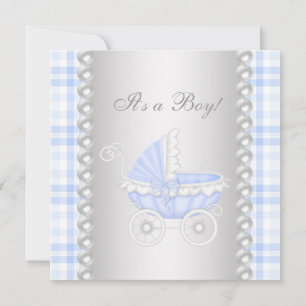 Invitation Pearls Blue En vichy Carriage Baby Boy Shower