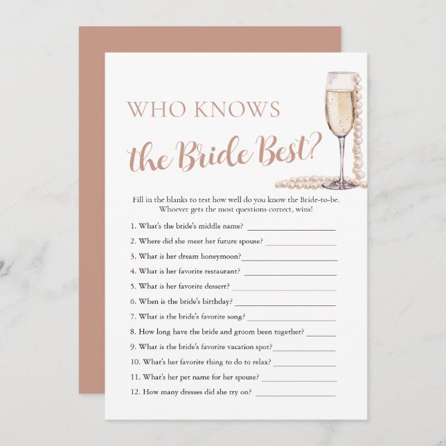 Invitation Pearls et Prosecco qui connaît la mariée meilleur  (Devant / Derrière)