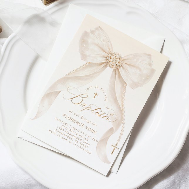 Invitation Pearls Gold Bow Girl Baptism Religious (Créateur téléchargé)