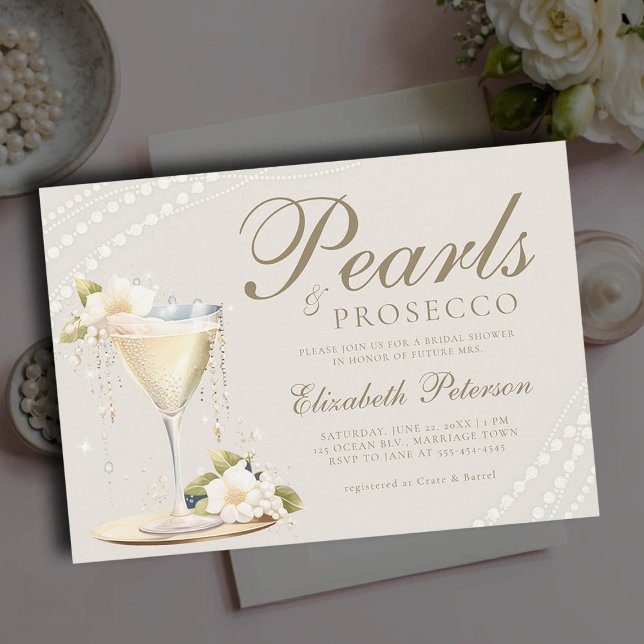Invitation Pearls Prosecco Elegant Chic Brunch Fête des marié (pearls and prosecco bridal brunch invitation champagne glass ivory ecru elegant modern classic chic)
