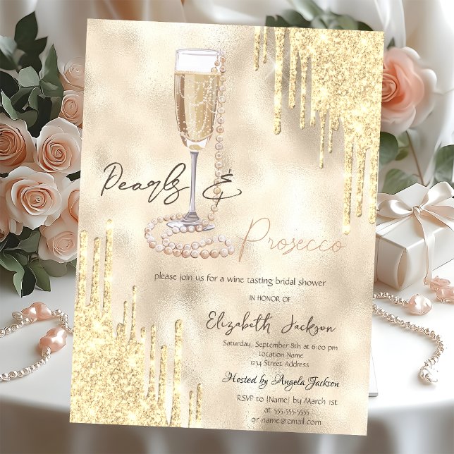 Invitation Pearls Prosecco Gold Glitter Drips Mariage  (Créateur téléchargé)