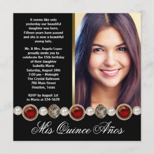 Invitation Pearls Ruby Red Black Gold Photo Quinceanera