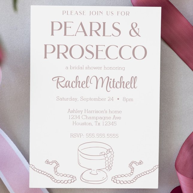 Invitation Pearlss & Prosecco Bridal rose / Douche de lingeri (pearls and Prosecco hand drawn doodle bridal shower invitation pink cute modern lingerie shower )