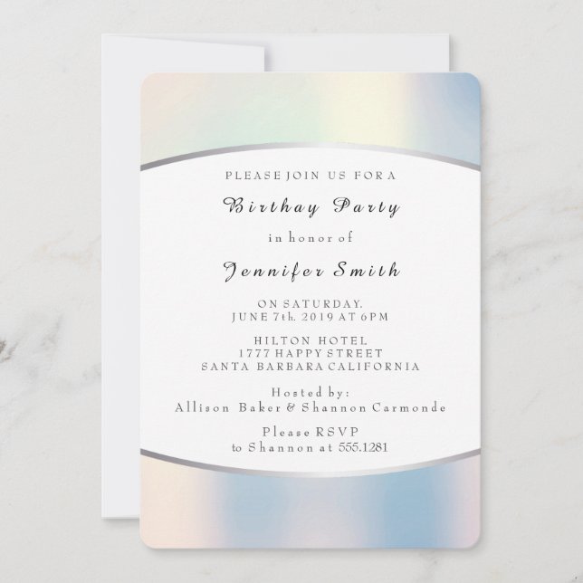 Invitation Pearly Opal Silver Rose délicieuse fête d'annivers (Devant)