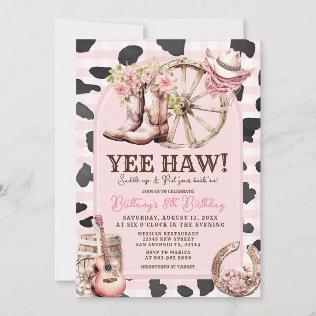 Invitation Peau de vache rose Cowgirl Western 1er anniversair (Devant)